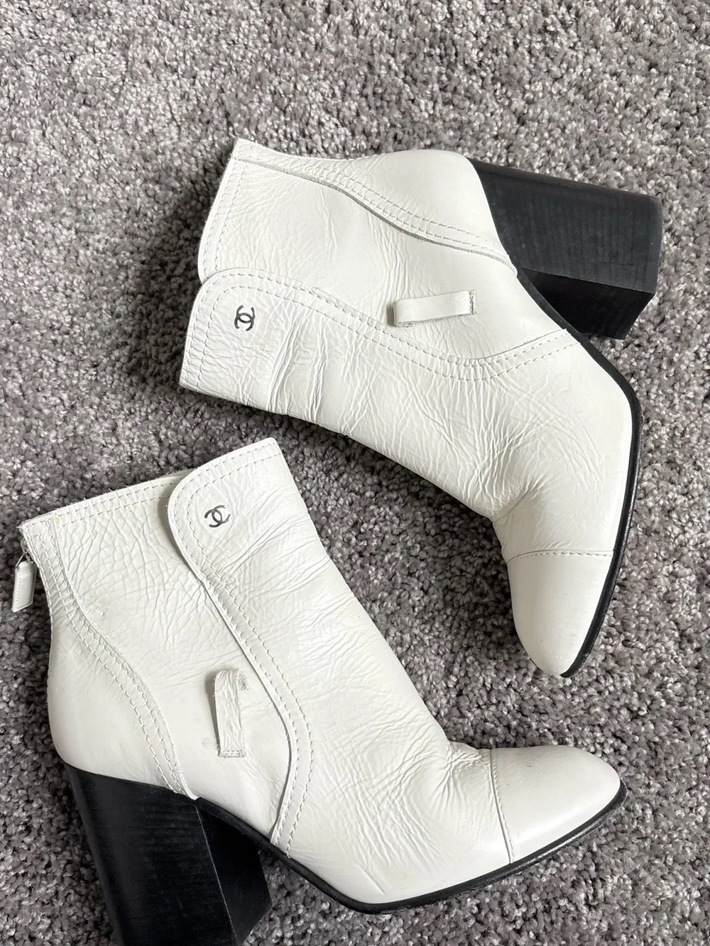 Vintage CHANEL White Leather Ankle Booties with Block Heel